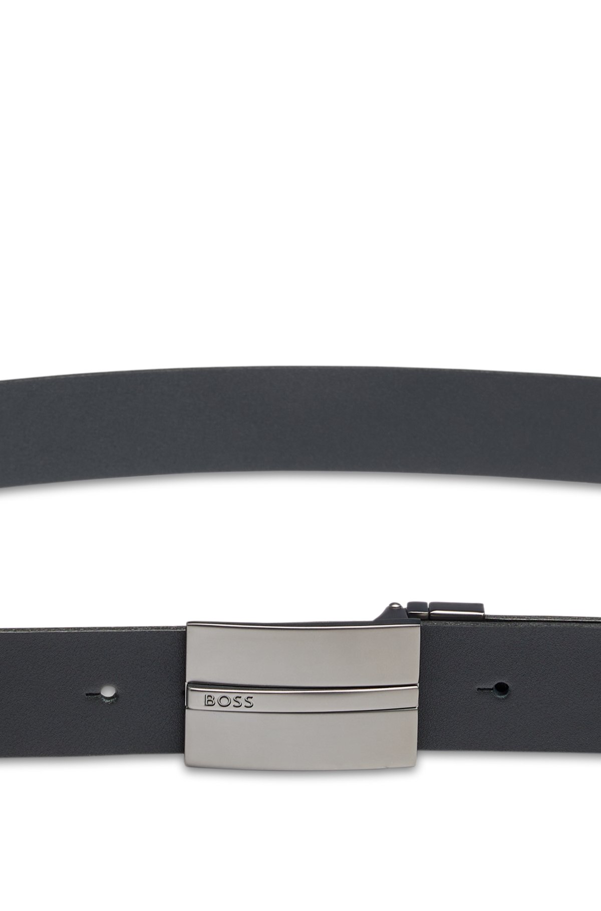 Italian-leather reversible belt with plaque and pin buckles