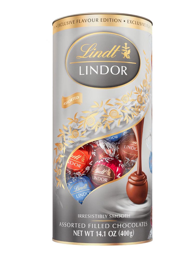 Lindt Lindor silberne Tube mit vier Geschmacksrichtungen (Milk, Hazelnut, Milk & White, Double Chocolate) 400g