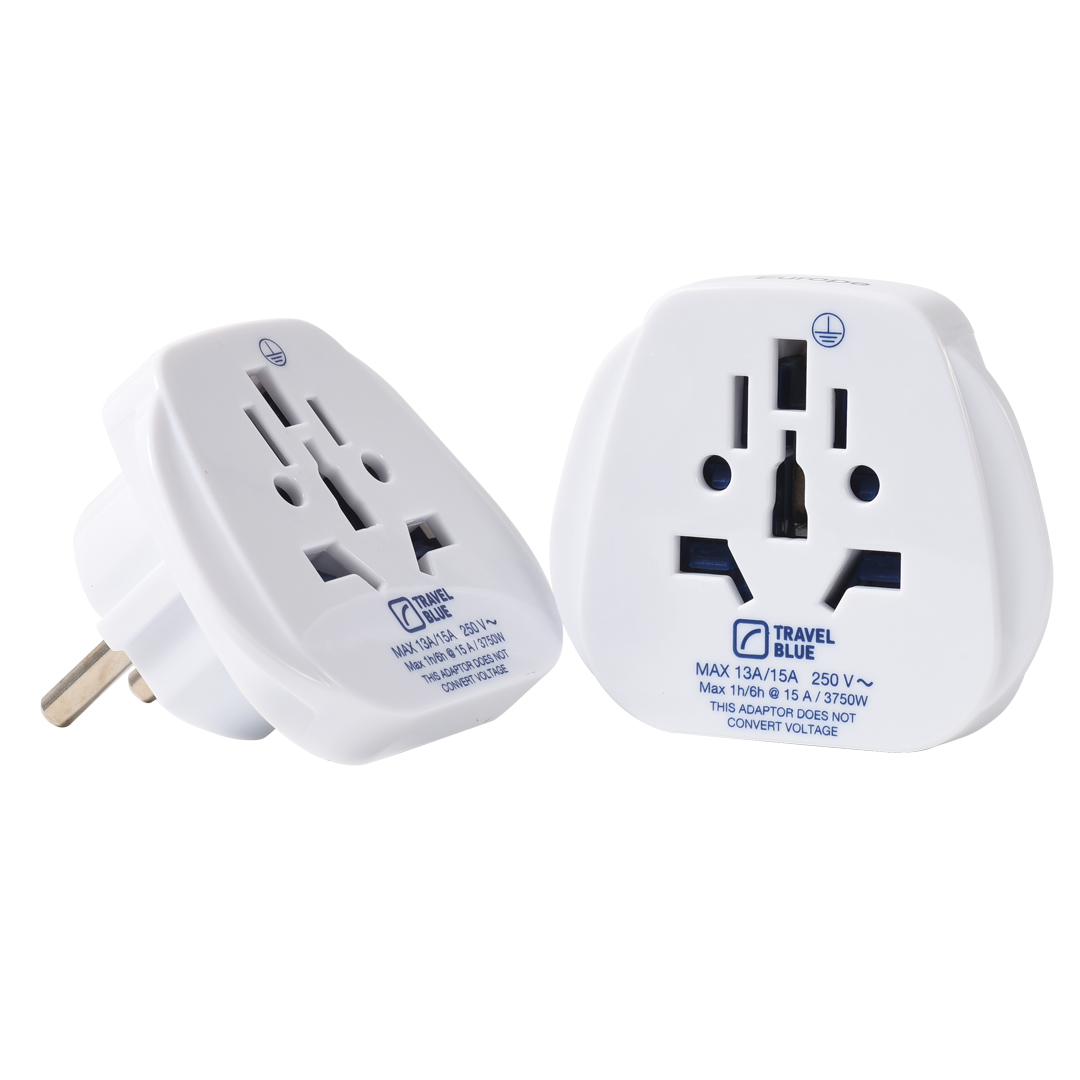 Travel Blue, world to europe (schuko) travel adaptor - earthed - 2 pack